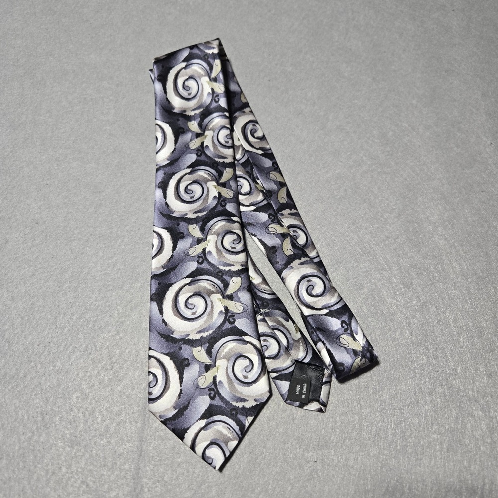 J. Garcia Mens Mid-Game Collection 52 Silk Necktie Grey Black Abstract Swirls